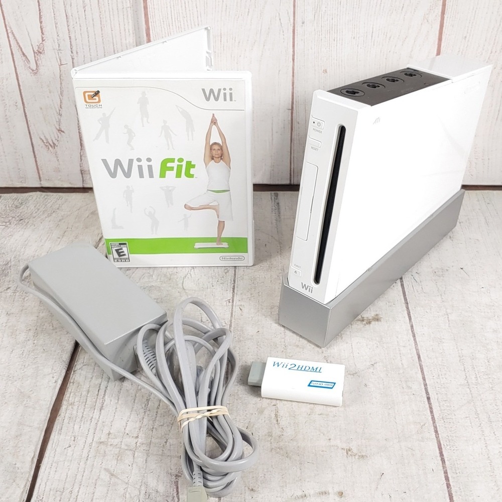 TESTED Nintendo Wii RVL-001 Console White Wii Fit Game HDMI Adapter AC Cord